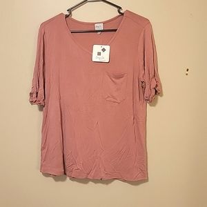 Washed Rayon Knit V-Neck Top w/Pocket
